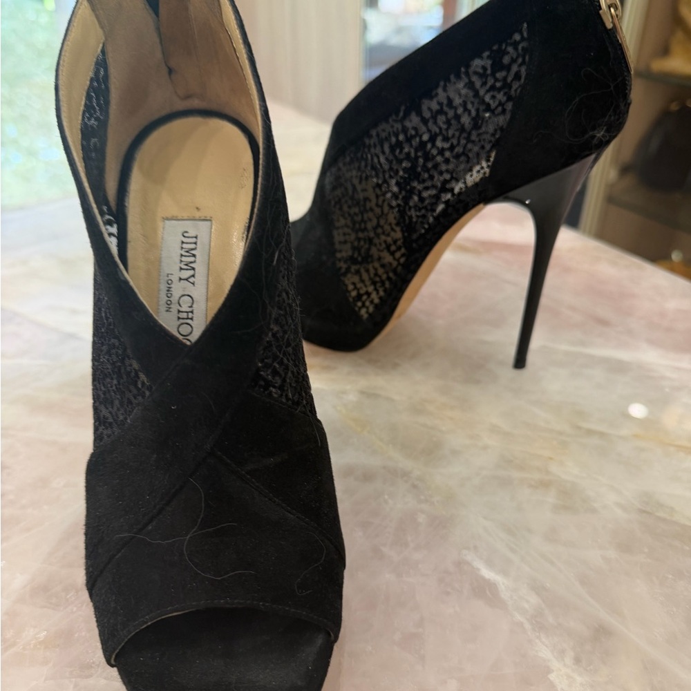 Jimmy Choo Black Suede Lace Peep-Toe Stiletto Booties
